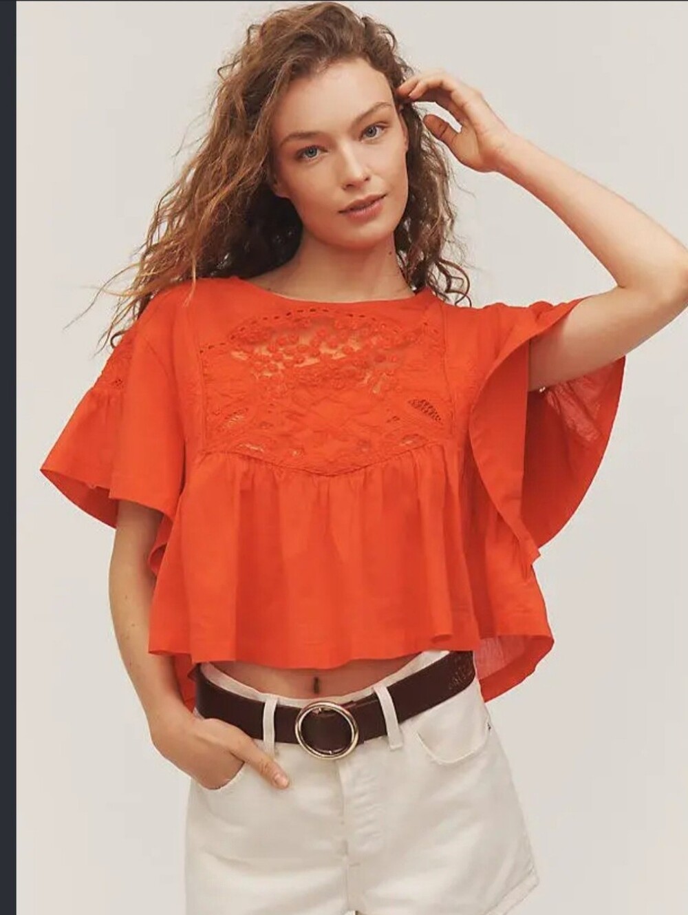 Maeve Embellished Cotton Swing Orange Yoke Flutter Crop Top Size XL